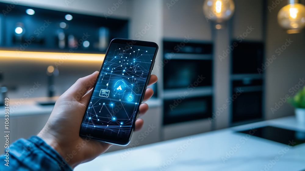 Poster a futuristic kitchen where appliances like the fridge, oven, and coffee maker are connected to a cen