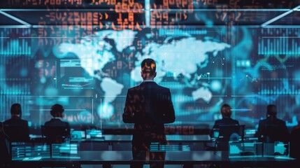 Futuristic business leader analyzing global data in a high-tech control room