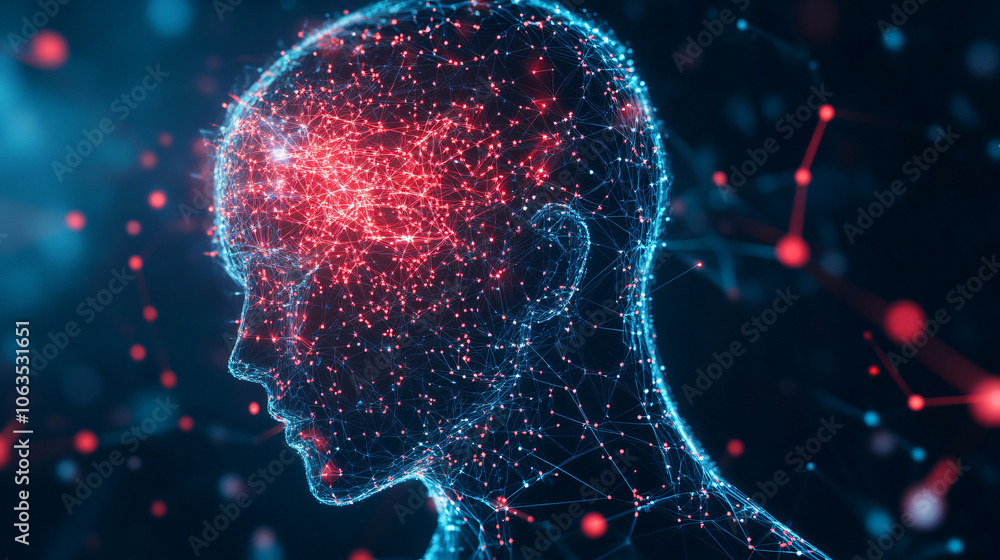 Fototapete glowing wireframe head in red and blue, symbolizing ai and innovation, with intricate lines showing 