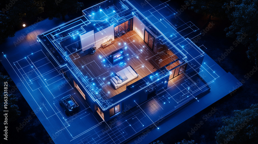 Poster a houseâs blueprint layout with each roomâs smart devices like thermostats, lights, and entertai