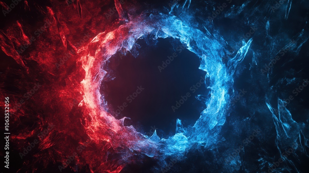 Poster vibrant abstract image features glowing circle frame with fiery red and icy blue elements, creating 