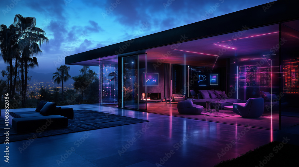 Poster a digital rendering of a house where devices like smart lights, speakers, and security systems float