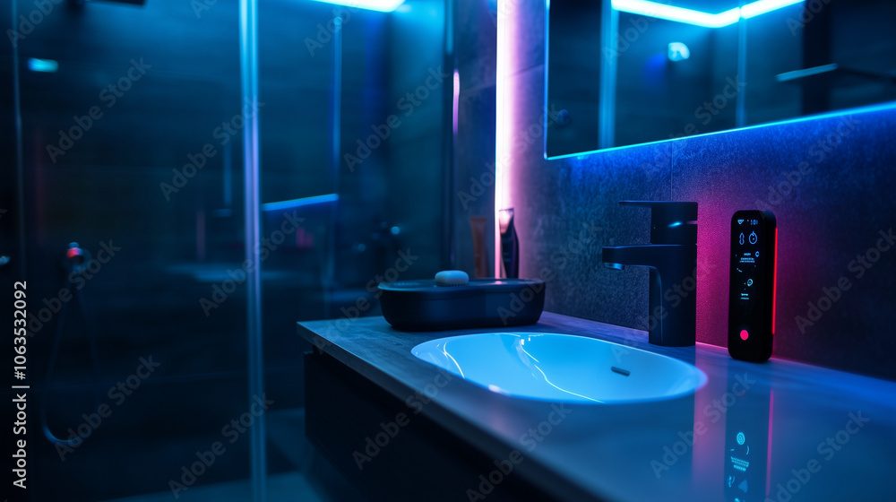 Poster a smart bathroom where mirrors display weather updates and speakers are voice-controlled, all linked