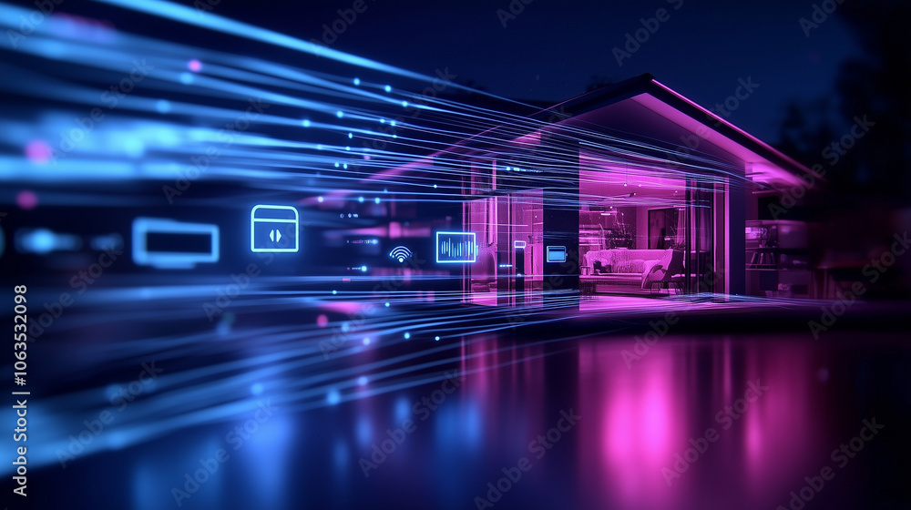 Poster a digital rendering of a house where devices like smart lights, speakers, and security systems float