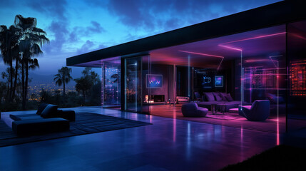 A digital rendering of a house where devices like smart lights, speakers, and security systems float above their respective areas, with glowing lines of connectivity streaming betw