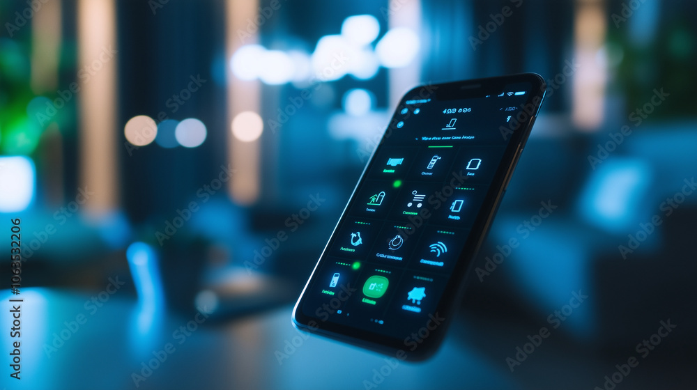 Poster a close-up of a smartphone screen showing a connected smart home dashboard, with devices like locks,