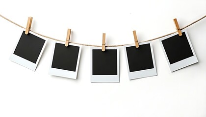 Blank black polaroid photo prints with wooden clothespin on the clothesline isolated on white background, mockup design concept	