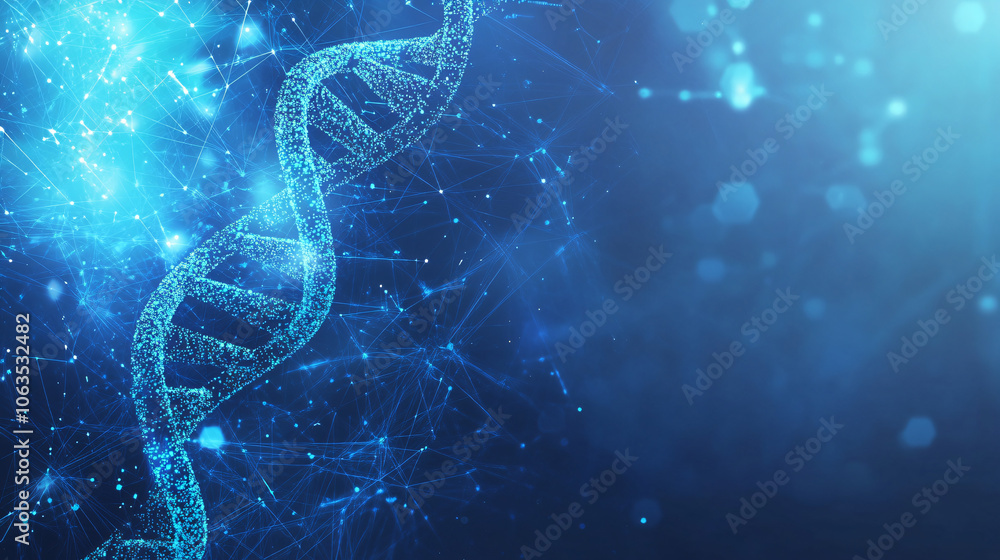 Poster glowing dna strand made of points and lines on abstract blue background with space for text