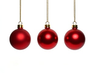Three red Christmas baubles hanging in row hanging on white background, Christmas Day concept