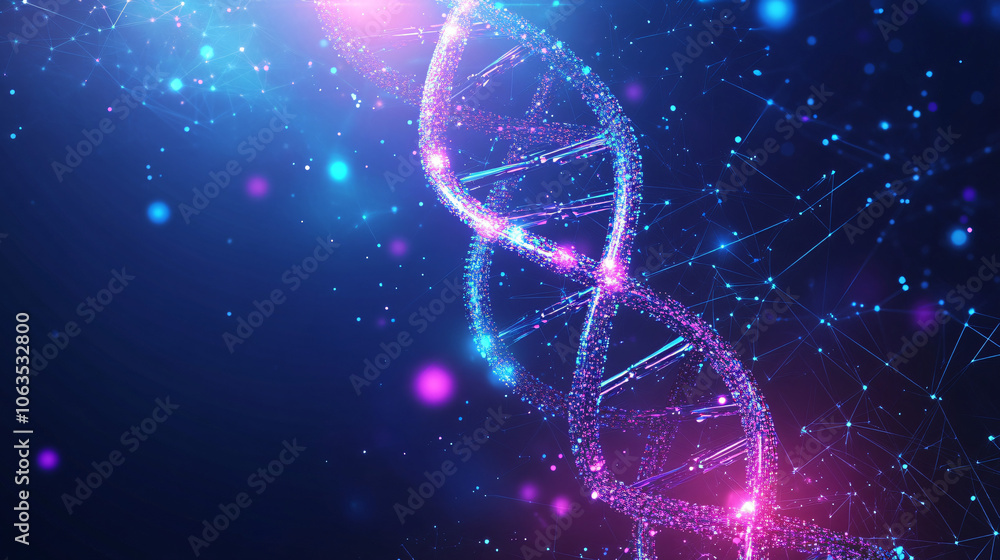 Poster glowing abstract dna strand with futuristic plexus lines and dots, symbolizing digital data connecti