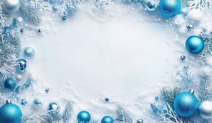 Festive Christmas background with blue and white ornaments, snowflakes, and pine branches creating winter wonderland atmosphere. Perfect for holiday celebrations and seasonal greetings