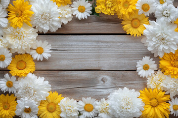 Obraz premium A old wooden plank background with a variety of yellow and white flowers, including daisies on the sides.
