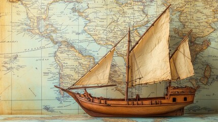 Vintage Ship Model Against Antique Map Background