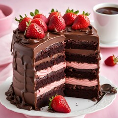 A plate of sliced chocolate cake layered with a creamy chocolate and strawberry filling, topped with strawberries, food photography for advertisement