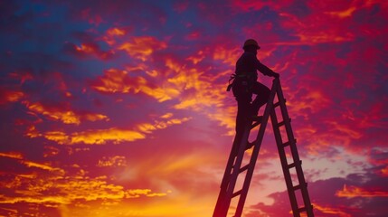 In the shadow of a colorful sunset a construction worker is seen climbing a ladder their silhouette framed by the vivid sky.