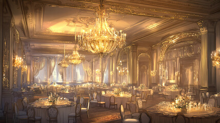 Obraz premium A stunning victorian ballroom setting with elegant crystal chandeliers. Victorian Ballroom. Illustration