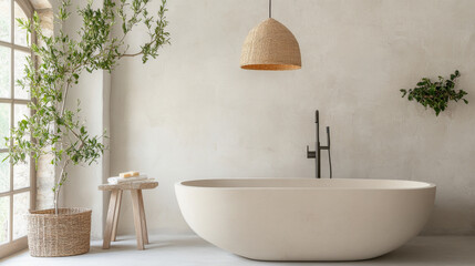 A serene bathroom featuring modern freestanding bathtub, natural elements, and soft lighting. minimalist design creates calming atmosphere, perfect for relaxation