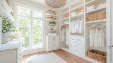 A bright and airy walk in closet featuring white shelving, neatly arranged towels, and hanging garments. natural light enhances serene atmosphere, creating peaceful space for organization