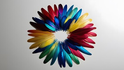 A collection of colorful feathers arranged in a circular pattern