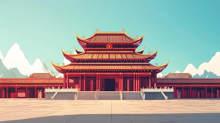 Obraz premium A temple of chinese culture, architecture, and tradition. Buddhist Monastery. Illustration