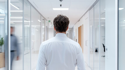Fototapeta premium A man in white shirt walks through modern office corridor, surrounded by glass walls and clean, professional environment. atmosphere conveys sense of focus and productivity