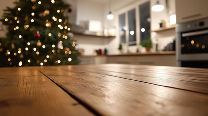 A rustic wooden table sits empty in the foreground of a brightly lit, festive kitchen, with a beautifully adorned Christmas tree and shimmering lights casting a warm glow, perfect