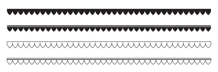 Scallop border, divider vector element. Fabric laces silhouette. Repeat cute vintage frill ornament. Texture ribbons. isolated on white background. Vector illustration . EPS 10 