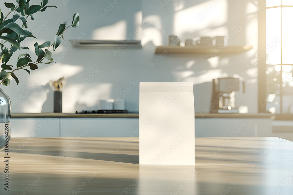 Poster minimalist photography of a blank coffee pack positioned on a wooden kitchen table with soft sunligh