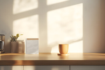 Minimalist photography features a blank coffee pack, a wooden cup, and soft sunlight casting shadows on a clean kitchen counter, creating a serene atmosphere