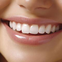 A close up of smiling woman showcasing her bright, white teeth and healthy gums, radiating happiness and confidence. image captures essence of joyful expression