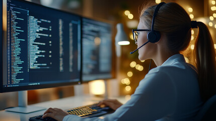 A focused woman with headset works on computer, analyzing data on multiple screens in modern office environment. warm lights create productive atmosphere