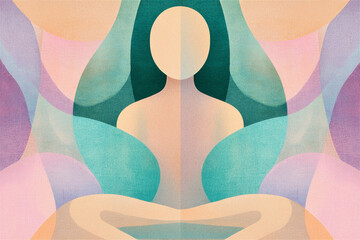 Stylized person meditating in lotus position with colorful abstract background representing peace, mindfulness, and meditation