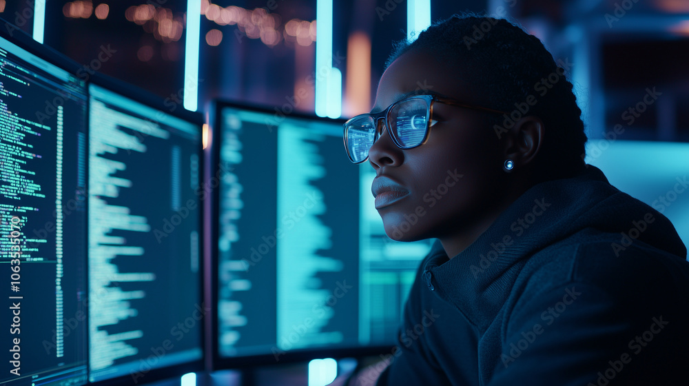Aufkleber a black cybersecurity analyst works diligently in a modern tech office, surrounded by glowing monito
