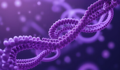 Holographic rendering of a DNA chromosomes representing digital, high-tech advances in medicine and human health in purple tones.