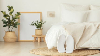 Cozy bedroom with neatly made bed, soft slippers, and decorative plants creating serene atmosphere. light colors and natural elements enhance relaxation
