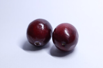 red cranberries on white background, macro shot