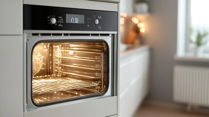 Obraz premium Modern oven with illuminated interior, showcasing stainless steel design and digital display. Ideal for contemporary kitchens, blending functionality and style