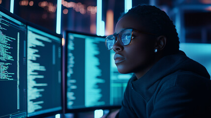 A Black cybersecurity analyst works diligently in a modern tech office, surrounded by glowing monitors displaying threat data and code, their expertise in identifying digital threa