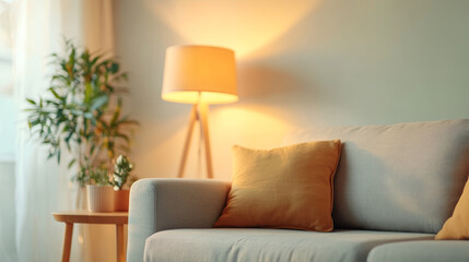 A cozy living room scene featuring light colored sofa adorned with yellow cushions, complemented by stylish lamp and potted plant, creating warm and inviting atmosphere