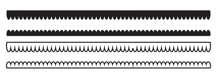 Scallop border, divider vector element. Fabric laces silhouette. Repeat cute vintage frill ornament. Texture ribbons. isolated on white background. Vector illustration . EPS 10 