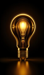 Gold holographic glowing lightbulb with copy space.