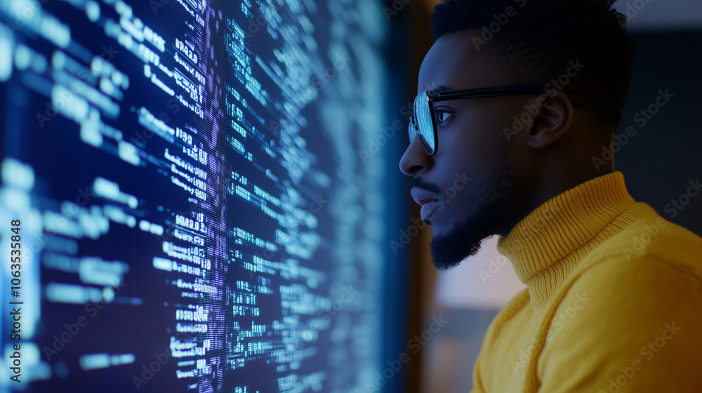 Aufkleber a black cybersecurity expert meticulously analyzes data patterns on a large screen, their focus and 