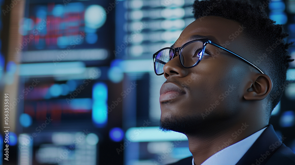Poster a black cybersecurity expert meticulously analyzes data patterns on a large screen, their focus and 