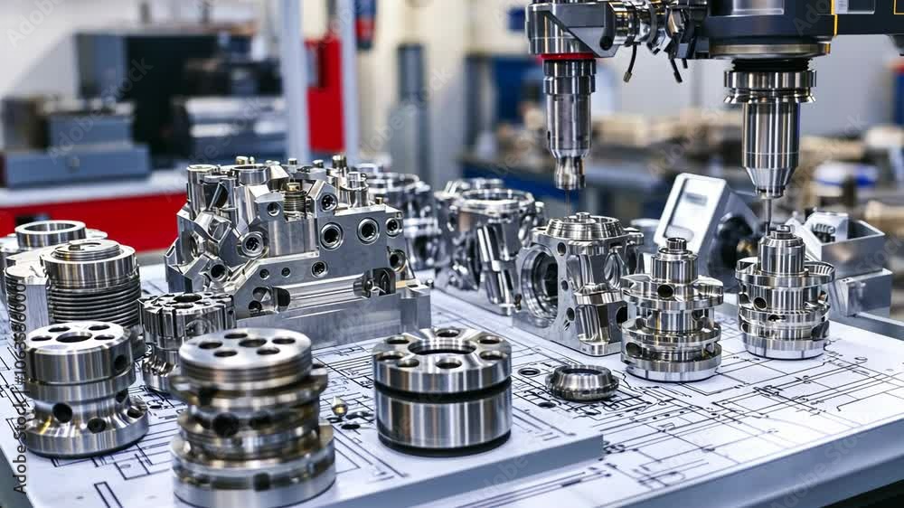 Poster a robotic arm drills a hole in a metal part on a table with other machine parts