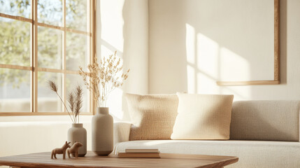 A cozy living room scene featuring light colored sofa adorned with soft cushion, wooden coffee table, and decorative vases with dried flowers. warm sunlight filters through window, creating serene atm