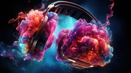 A pair of headphones engulfed in a vibrant cloud of abstract color, a symphony of sound and light.