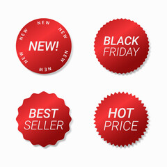 Red and white sale stickers on white background. Red and white labels.