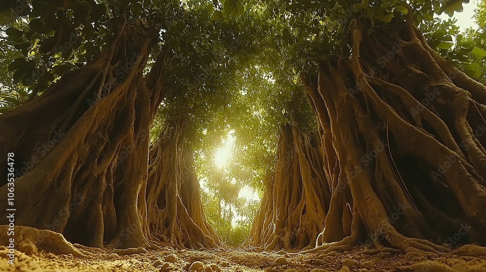 Poster sunlight filtering through the twisted roots of ancient trees