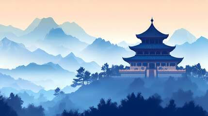 Fototapeta premium An old buddhist temple, standing atop a hill, with a backdrop of mist-covered mountains. Buddhist Monastery. Illustration