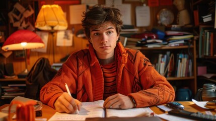 A young entrepreneur in an orange sweater writes notes at a cluttered desk in a warmly lit, cozy room.